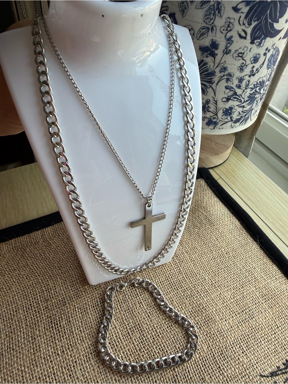 Silver Men's Cross Pendant Necklace Set
